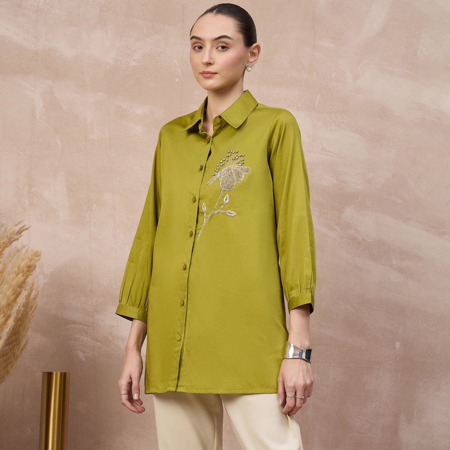 Olive Shirt for Women – Cotton Satin – Model View | First Resort by Ramola Bachchan