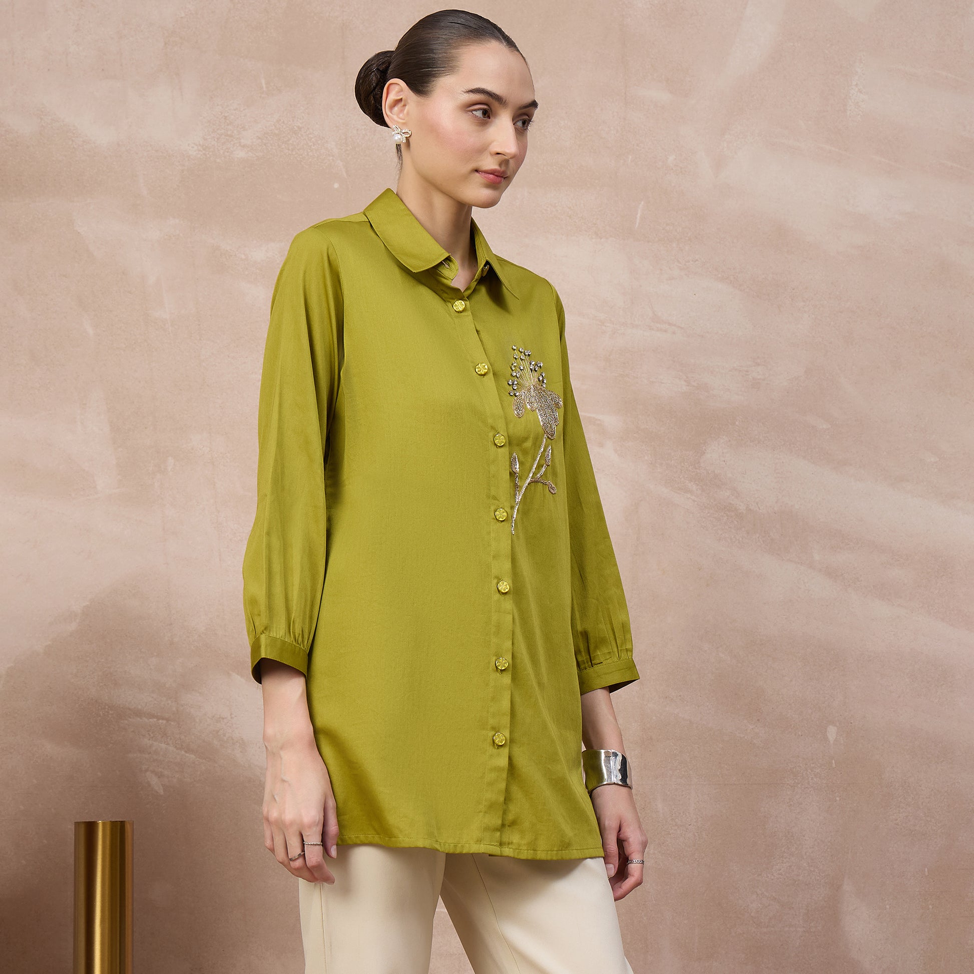 Olive Shirt for Women – Cotton Satin – Side View | First Resort by Ramola Bachchan
