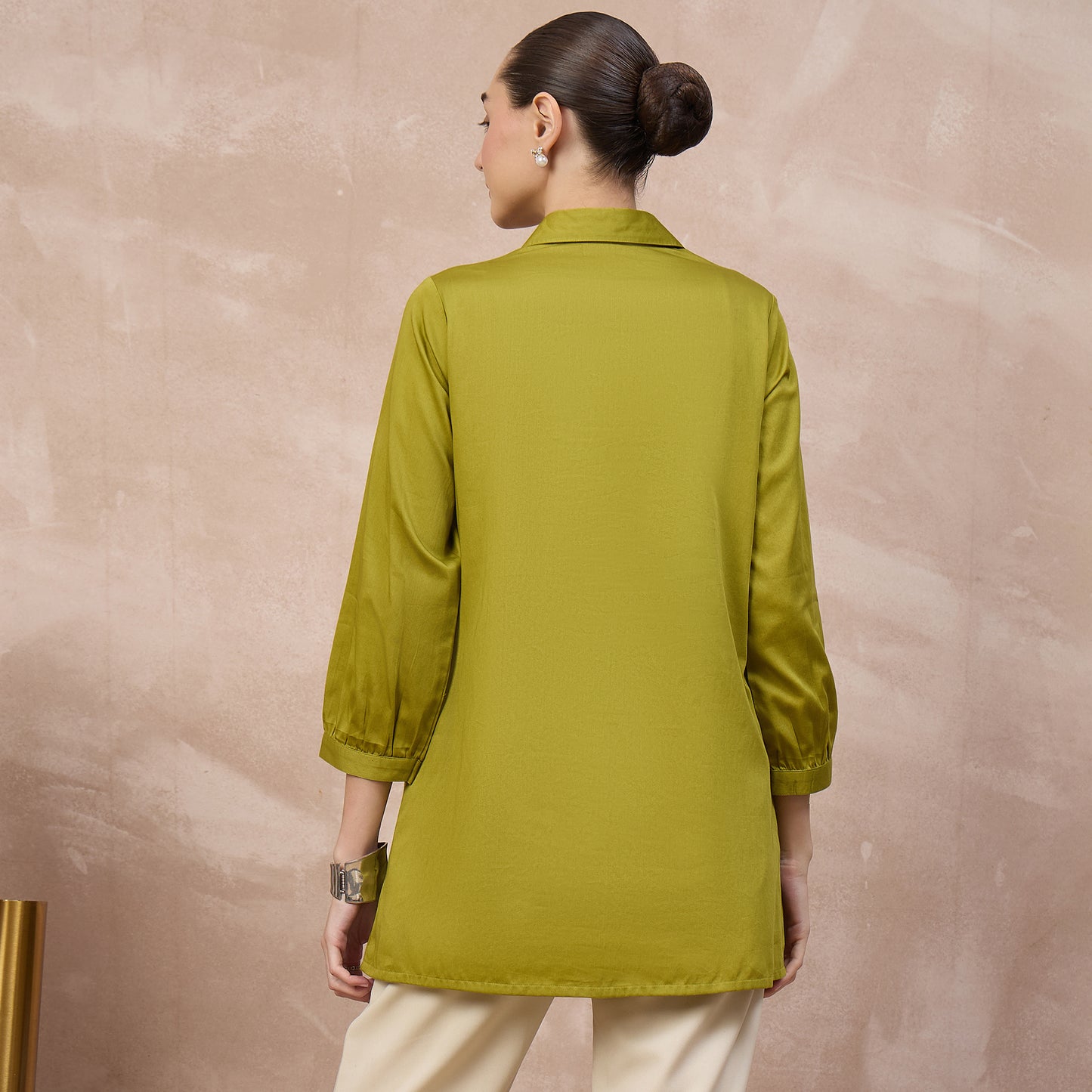 Olive Shirt for Women – Cotton Satin – Detail View | First Resort by Ramola Bachchan