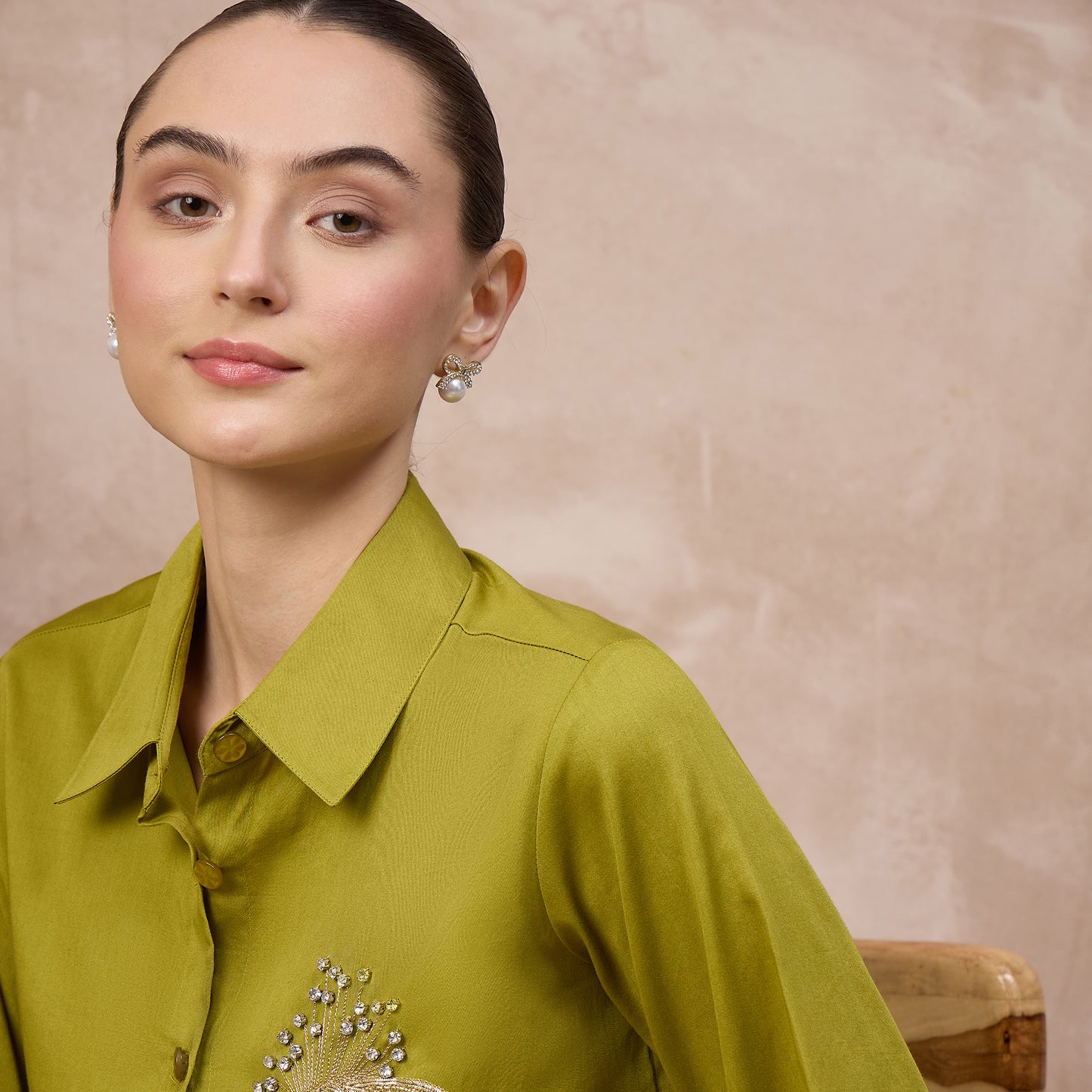 Olive Shirt for Women – Cotton Satin – Back View | First Resort by Ramola Bachchan