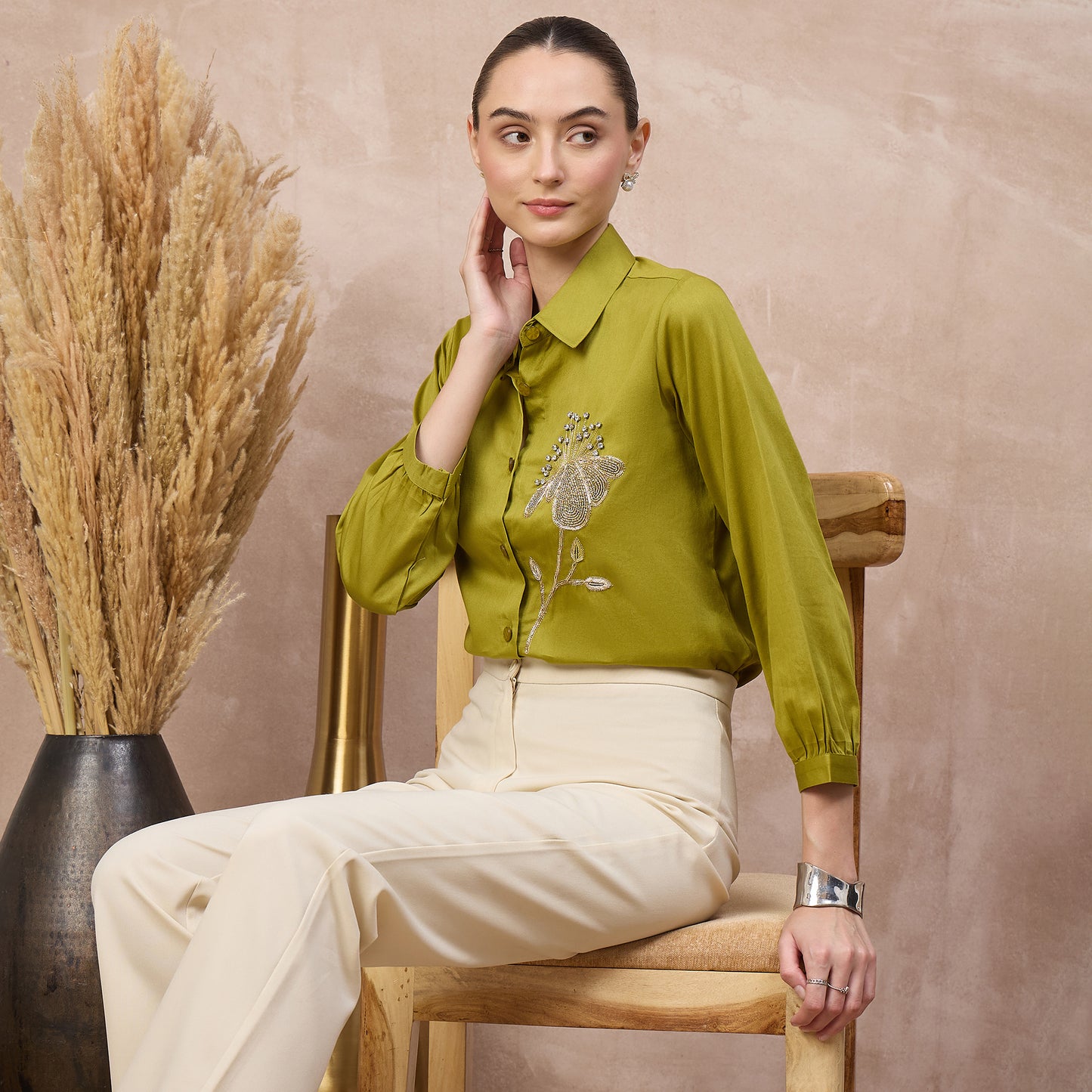Olive Shirt for Women – Cotton Satin – Close Up | First Resort by Ramola Bachchan