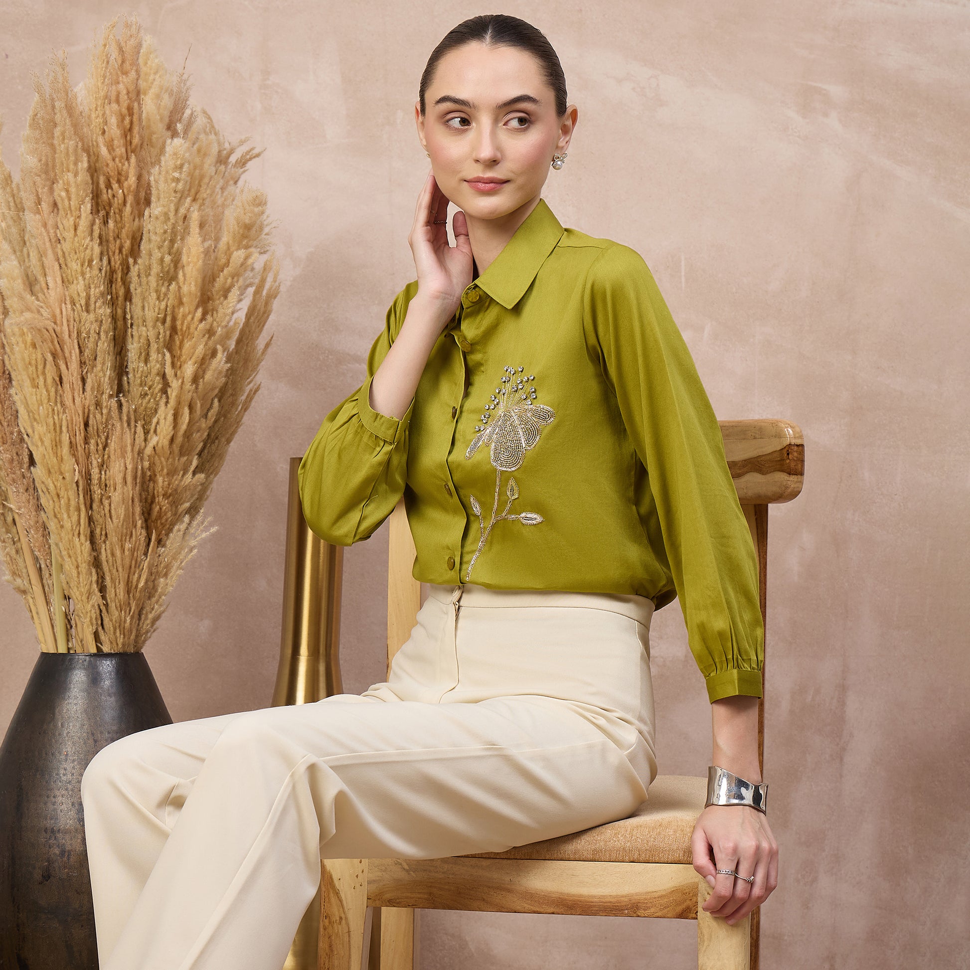 Olive Shirt for Women – Cotton Satin – Close Up | First Resort by Ramola Bachchan
