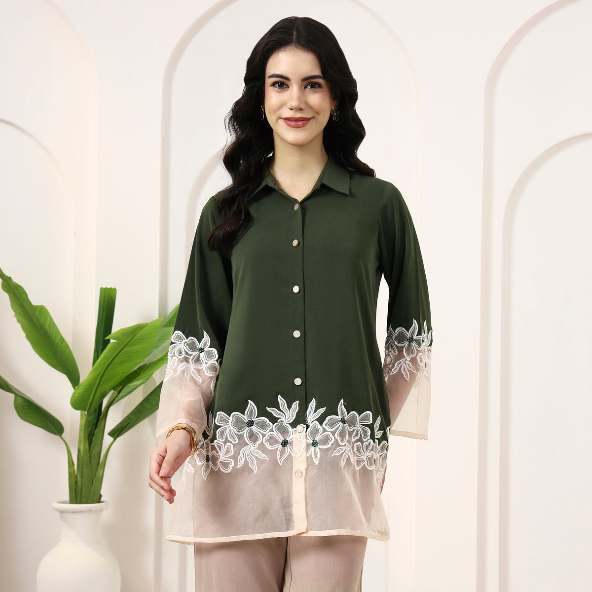 Olive and White Shirt for Women – Polyester Crepe, Polyester Organza | First Resort by Ramola Bachchan