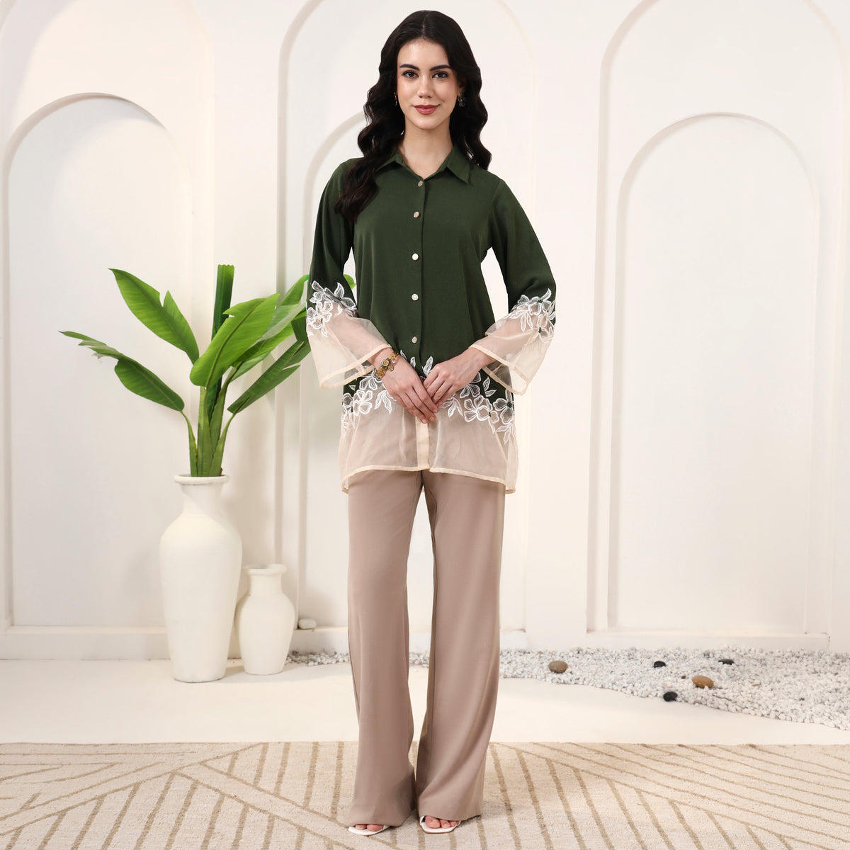 Olive and White Shirt for Women – Polyester Crepe, Polyester Organza – Front View | First Resort by Ramola Bachchan
