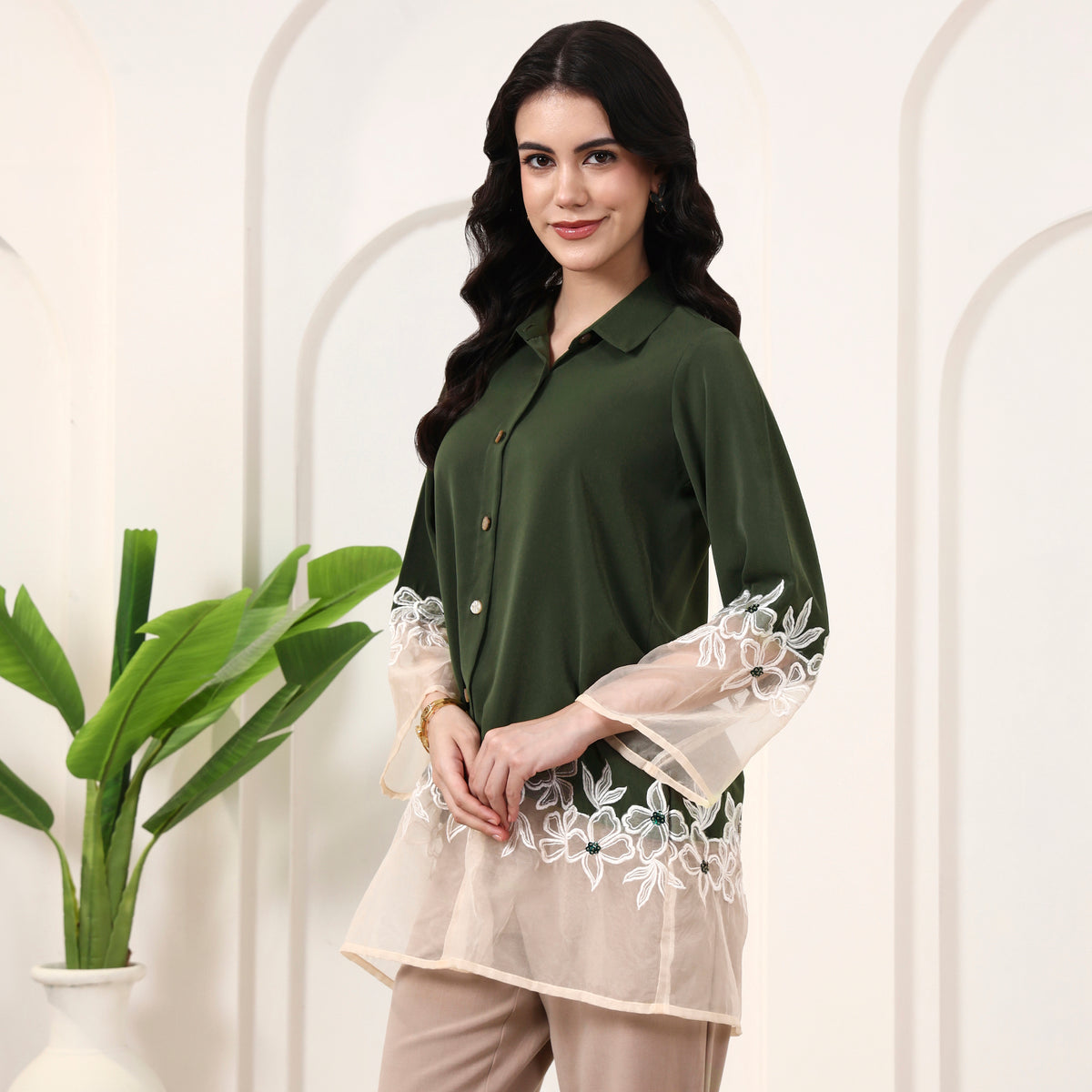 Olive and White Shirt for Women – Polyester Crepe, Polyester Organza – Model View | First Resort by Ramola Bachchan