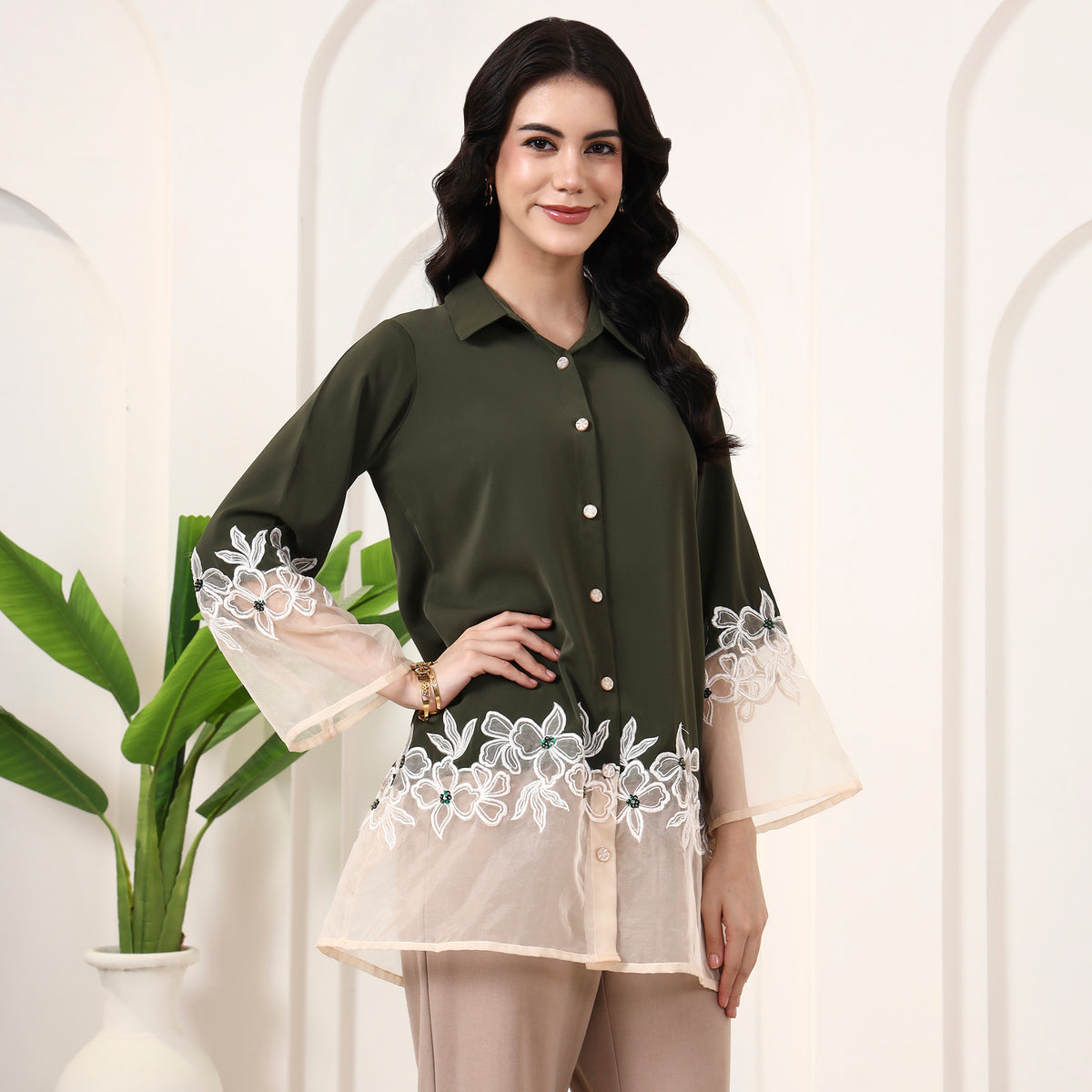 Olive and White Shirt for Women – Polyester Crepe, Polyester Organza – Side View | First Resort by Ramola Bachchan