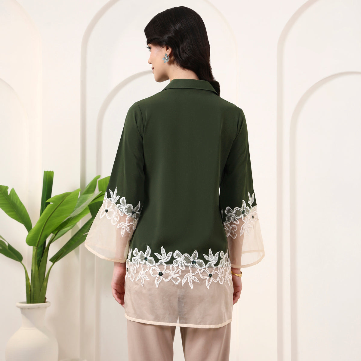 Olive and White Shirt for Women – Polyester Crepe, Polyester Organza – Detail View | First Resort by Ramola Bachchan