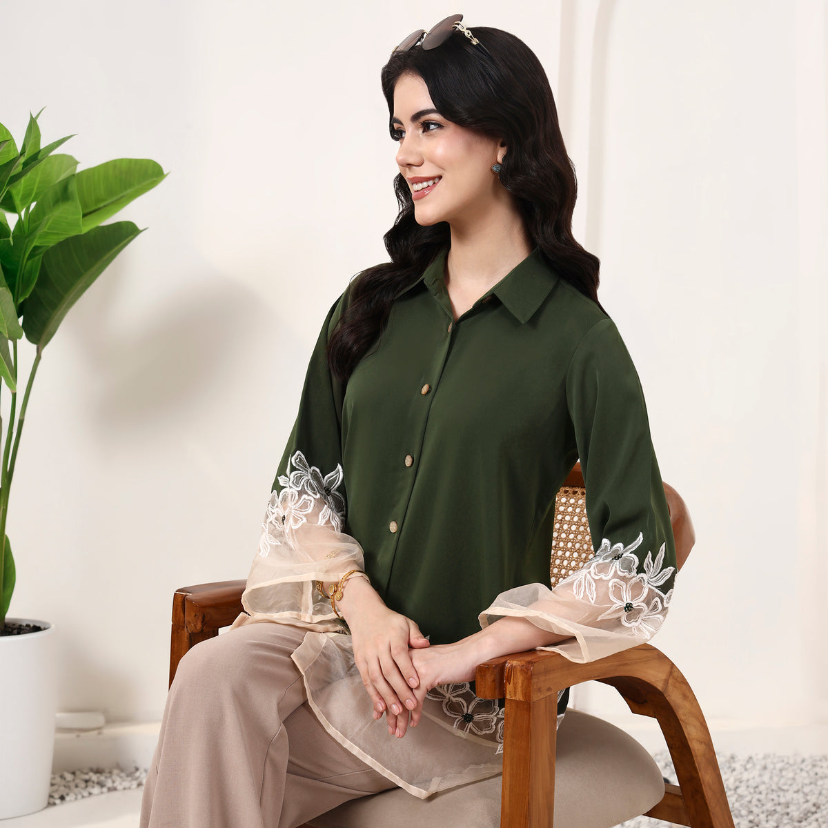 Olive and White Shirt for Women – Polyester Crepe, Polyester Organza – Back View | First Resort by Ramola Bachchan