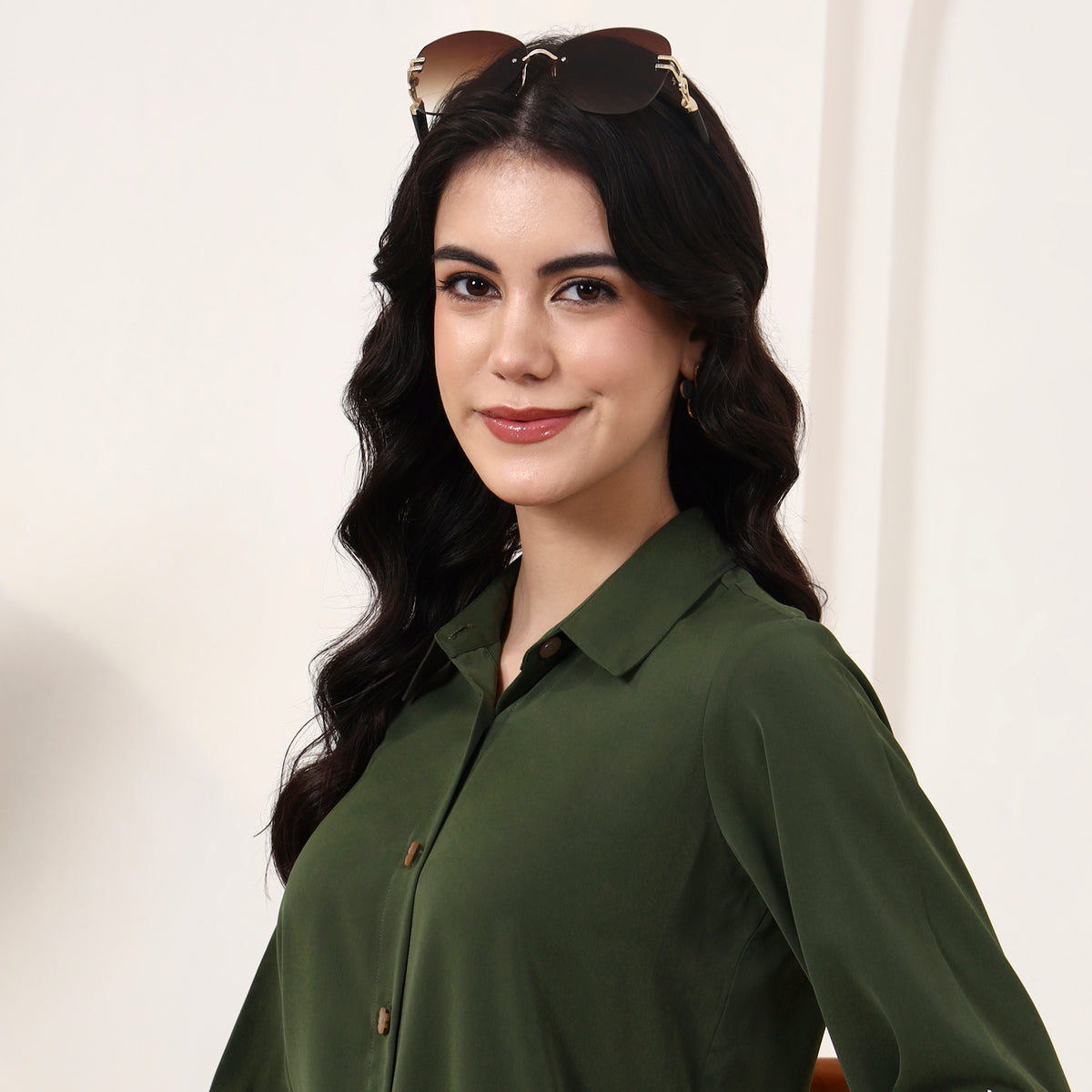 Olive and White Shirt for Women – Polyester Crepe, Polyester Organza – Close Up | First Resort by Ramola Bachchan