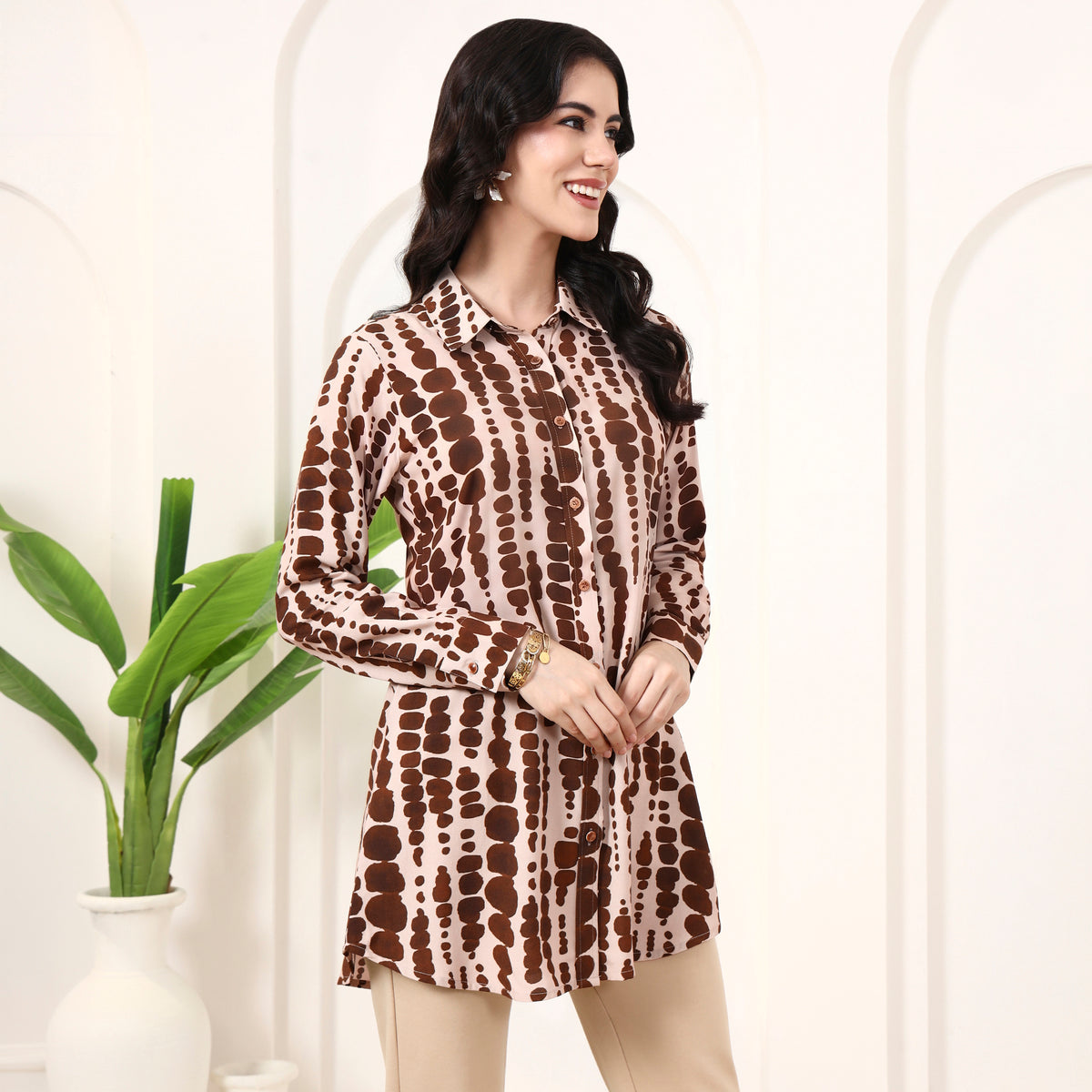 Beige and Brown Tie-Dye Shirt for Women – Viscose Rayon – Side View | First Resort by Ramola Bachchan