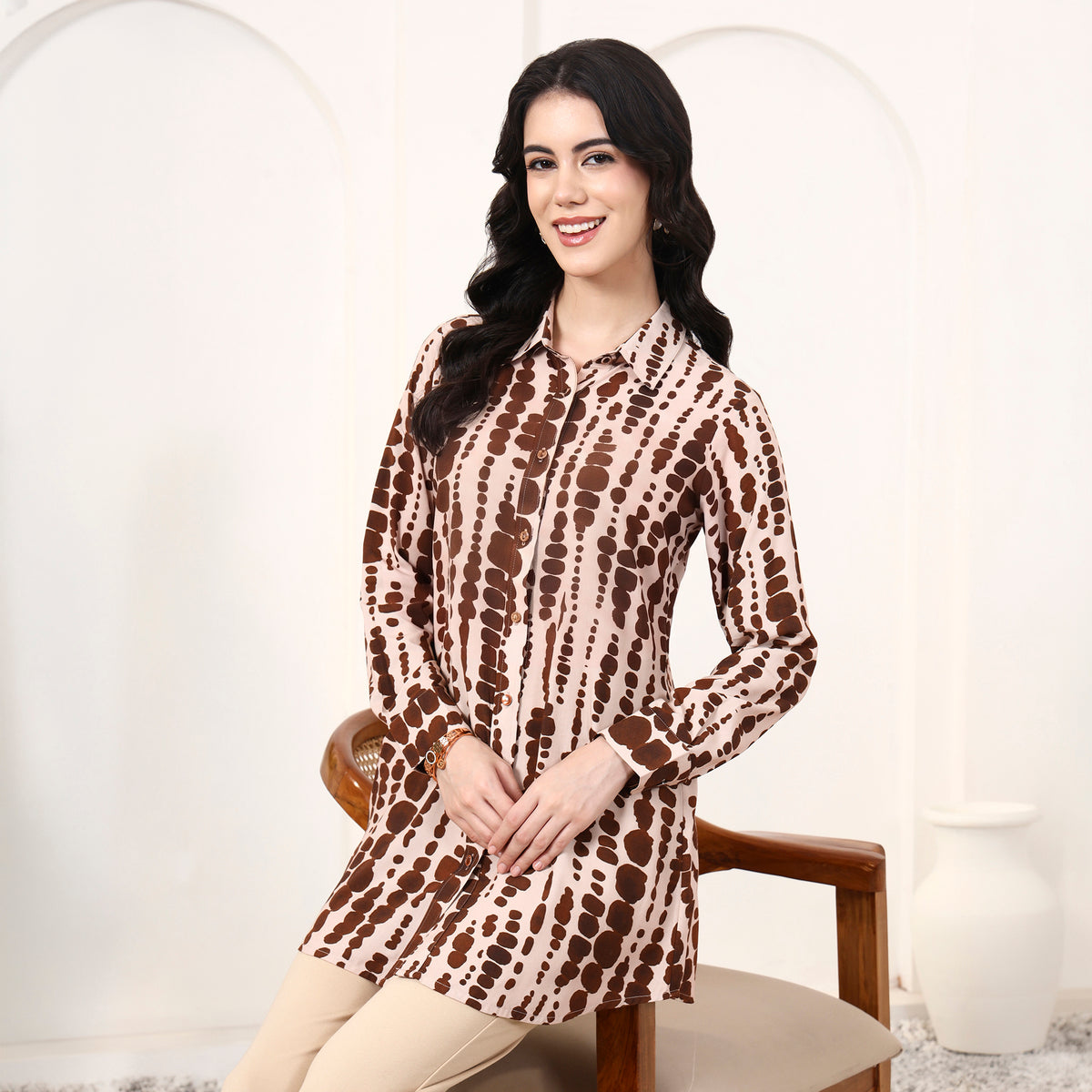 Beige and Brown Tie-Dye Shirt for Women – Viscose Rayon – Close Up | First Resort by Ramola Bachchan