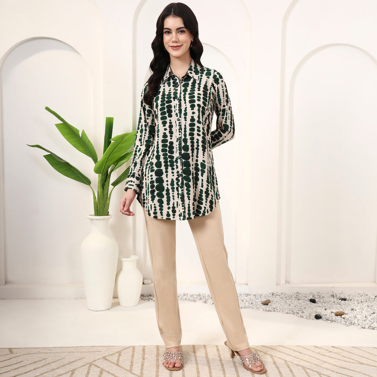 Beige and Green Tie-Dye Shirt for Women – Viscose Rayon – Front View | First Resort by Ramola Bachchan