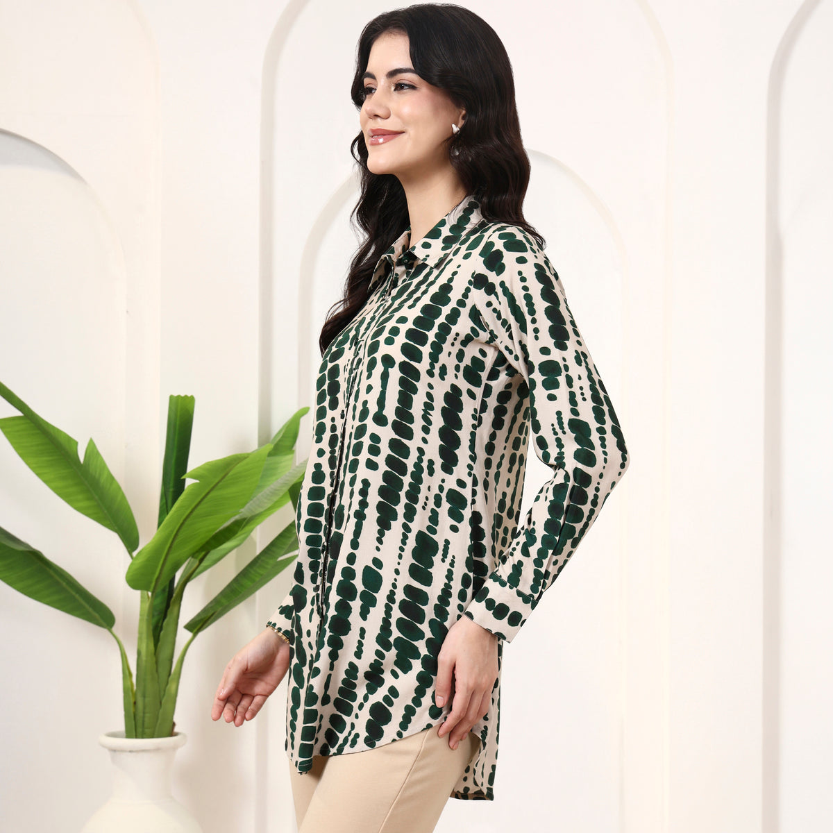 Beige and Green Tie-Dye Shirt for Women – Viscose Rayon – Model View | First Resort by Ramola Bachchan
