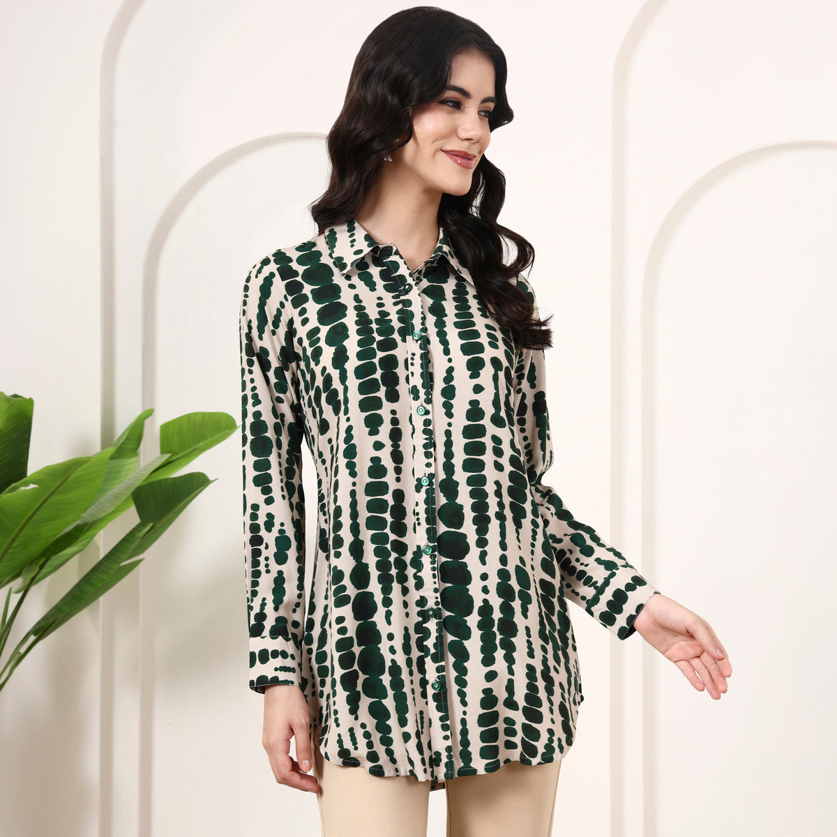 Beige and Green Tie-Dye Shirt for Women – Viscose Rayon – Side View | First Resort by Ramola Bachchan