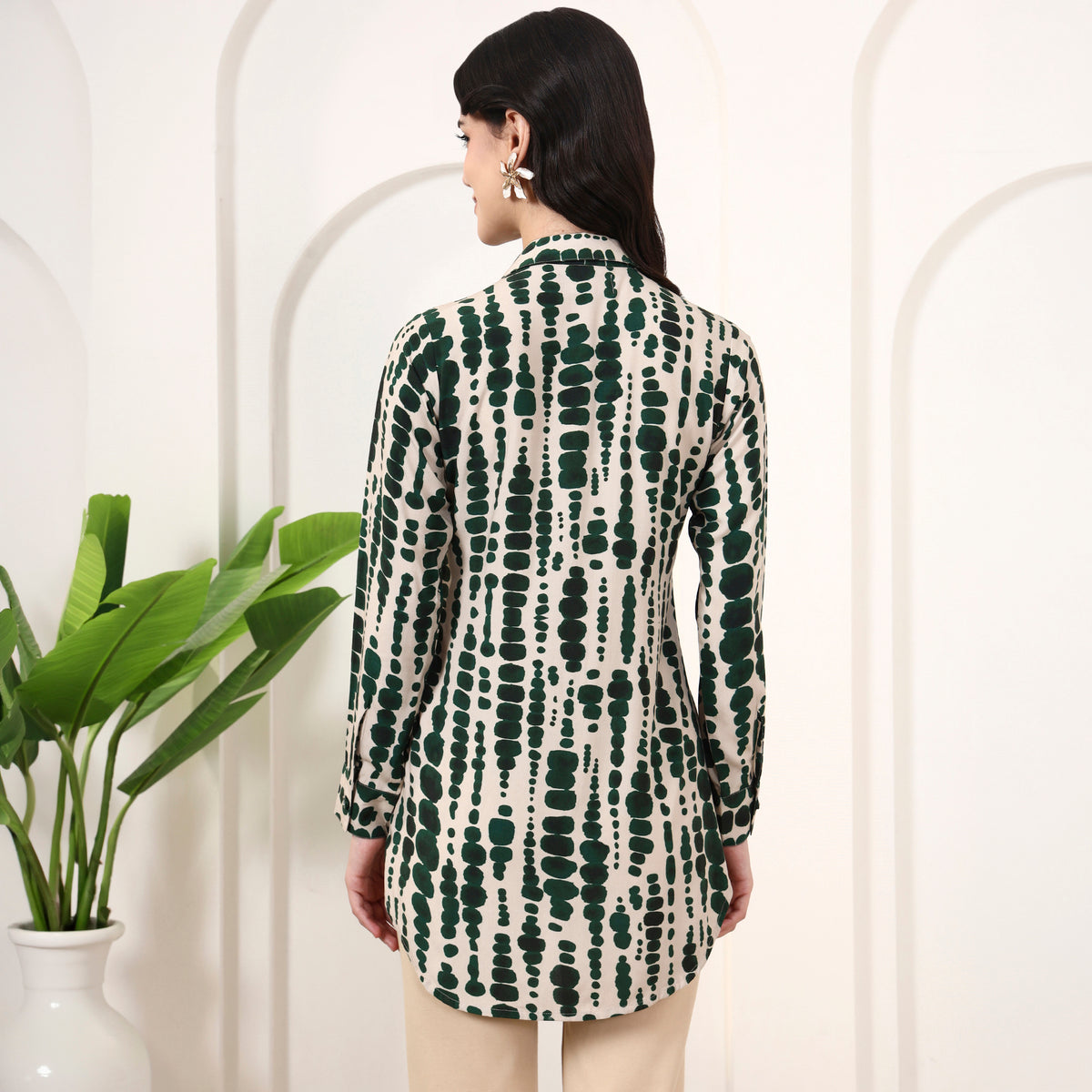 Beige and Green Tie-Dye Shirt for Women – Viscose Rayon – Detail View | First Resort by Ramola Bachchan