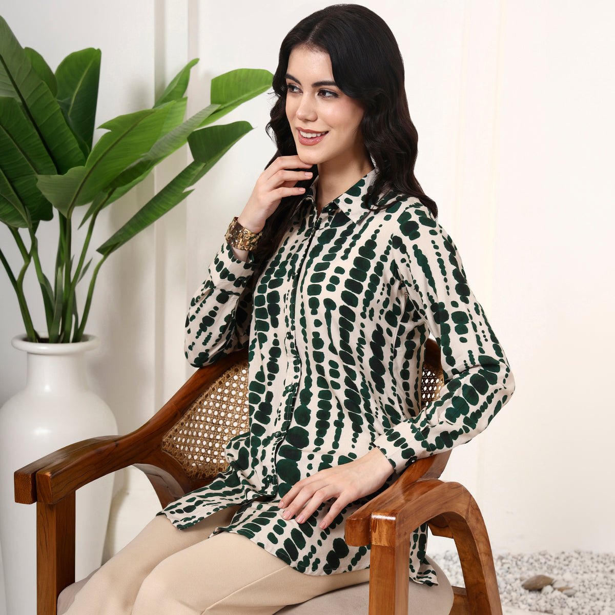 Beige and Green Tie-Dye Shirt for Women – Viscose Rayon – Back View | First Resort by Ramola Bachchan