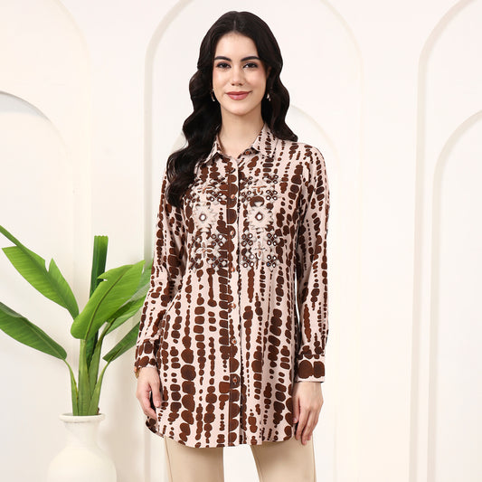 Beige and Brown Tie-Dye Shirt for Women – Viscose Rayon | First Resort by Ramola Bachchan