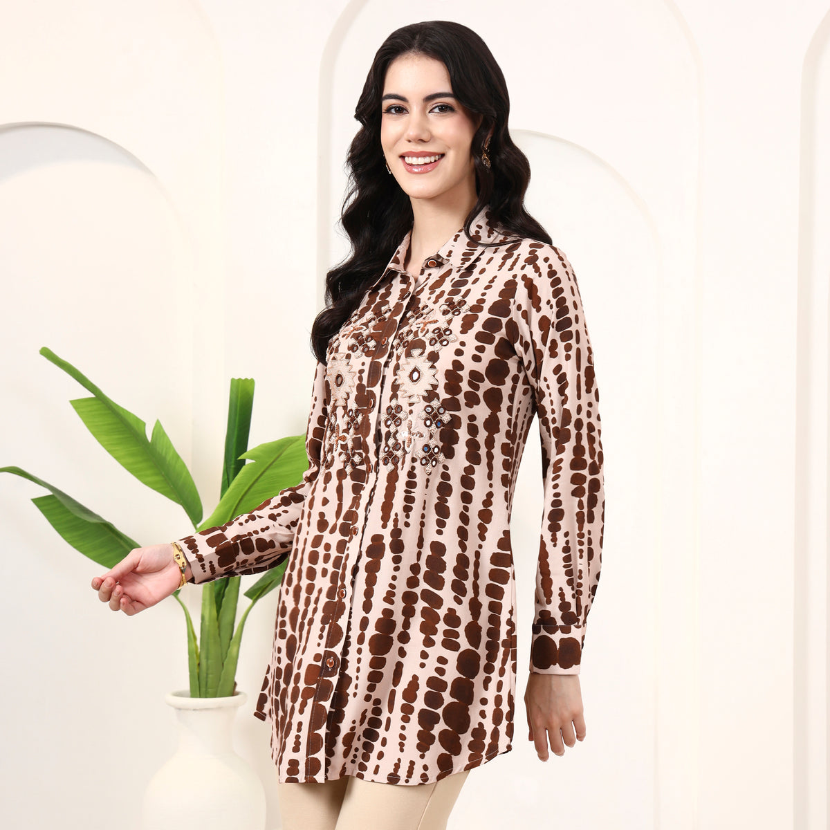 Beige and Brown Tie-Dye Shirt for Women – Viscose Rayon – Model View | First Resort by Ramola Bachchan