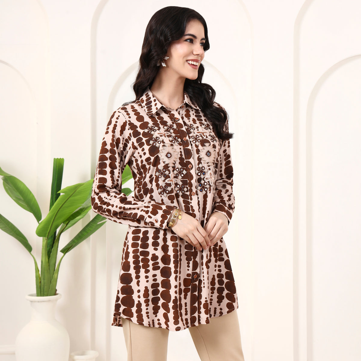Beige and Brown Tie-Dye Shirt for Women – Viscose Rayon – Side View | First Resort by Ramola Bachchan