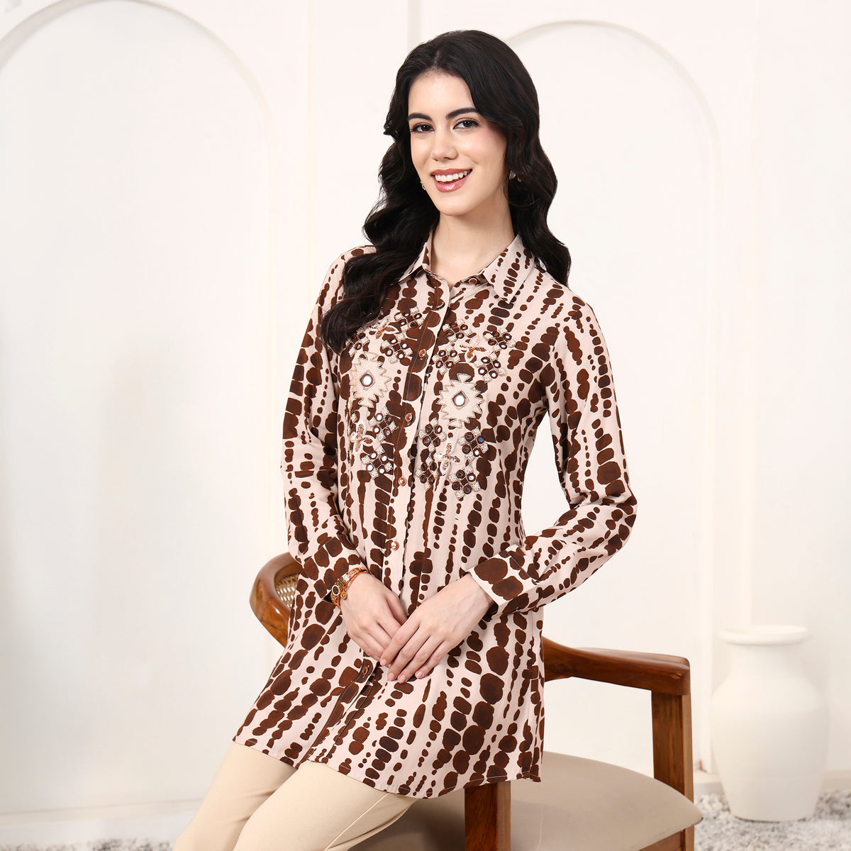 Beige and Brown Tie-Dye Shirt for Women – Viscose Rayon – Close Up | First Resort by Ramola Bachchan