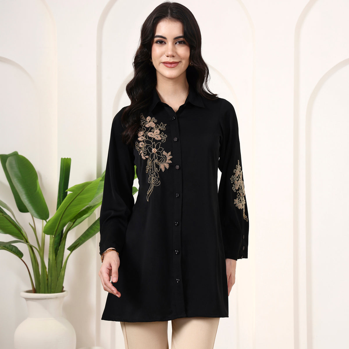 Black Shirt for Women – Polyester Crepe | First Resort by Ramola Bachchan