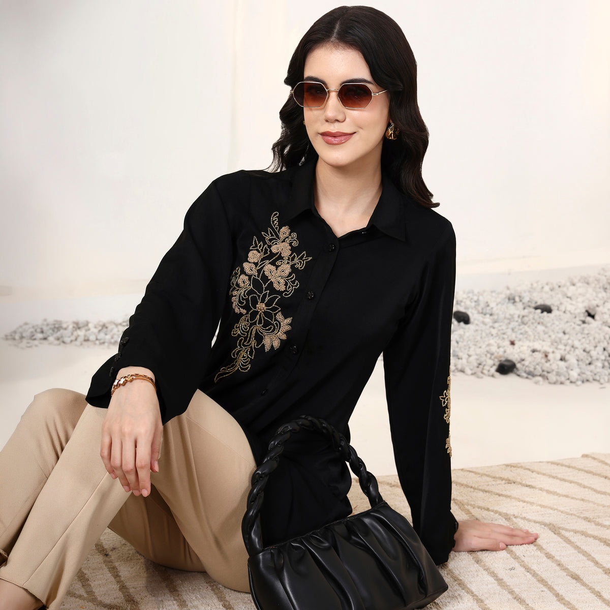 Black Shirt for Women – Polyester Crepe – Front View | First Resort by Ramola Bachchan