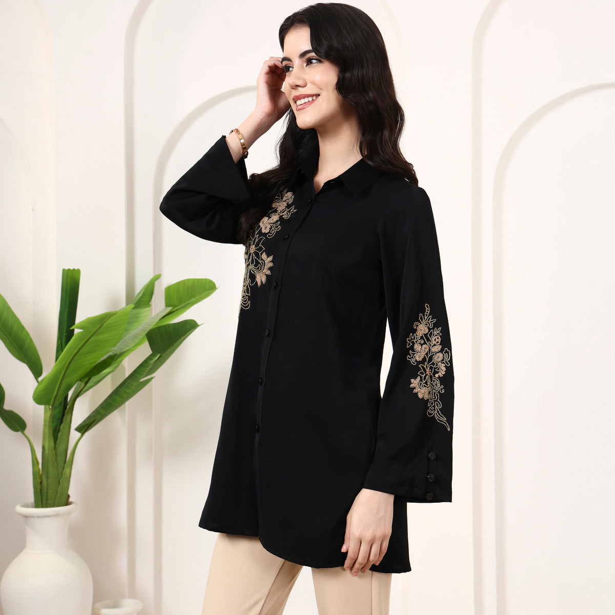 Black Shirt for Women – Polyester Crepe – Model View | First Resort by Ramola Bachchan