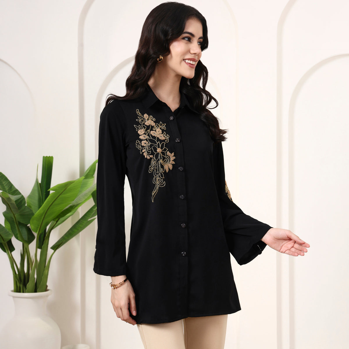 Black Shirt for Women – Polyester Crepe – Side View | First Resort by Ramola Bachchan