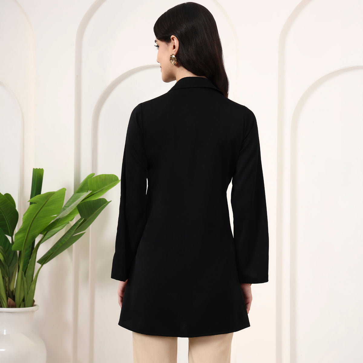 Black Shirt for Women – Polyester Crepe – Detail View | First Resort by Ramola Bachchan