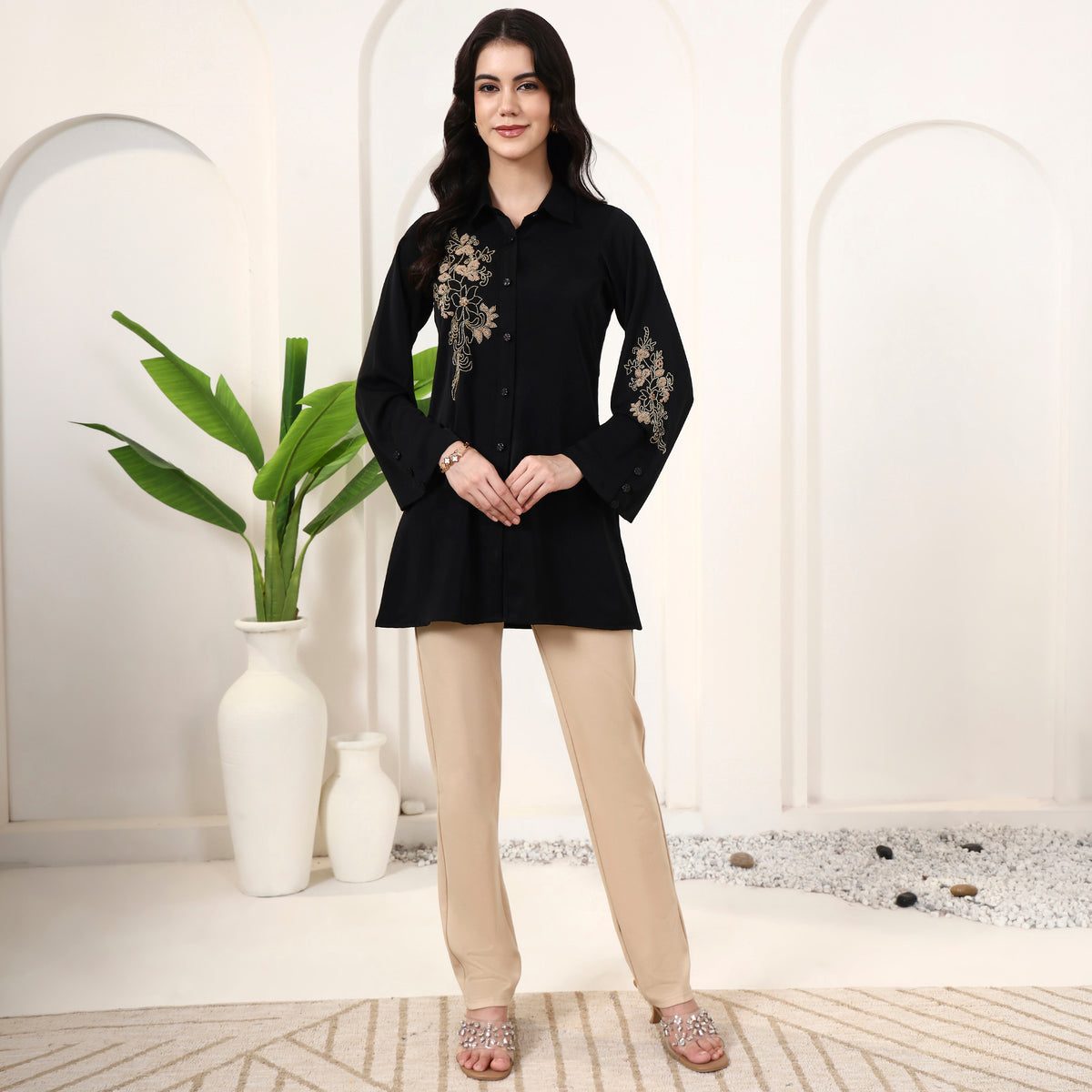 Black Shirt for Women – Polyester Crepe – Close Up | First Resort by Ramola Bachchan