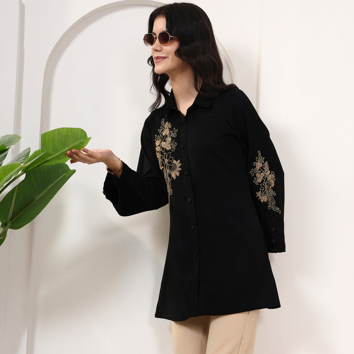 Black Shirt for Women – Polyester Crepe | First Resort by Ramola Bachchan