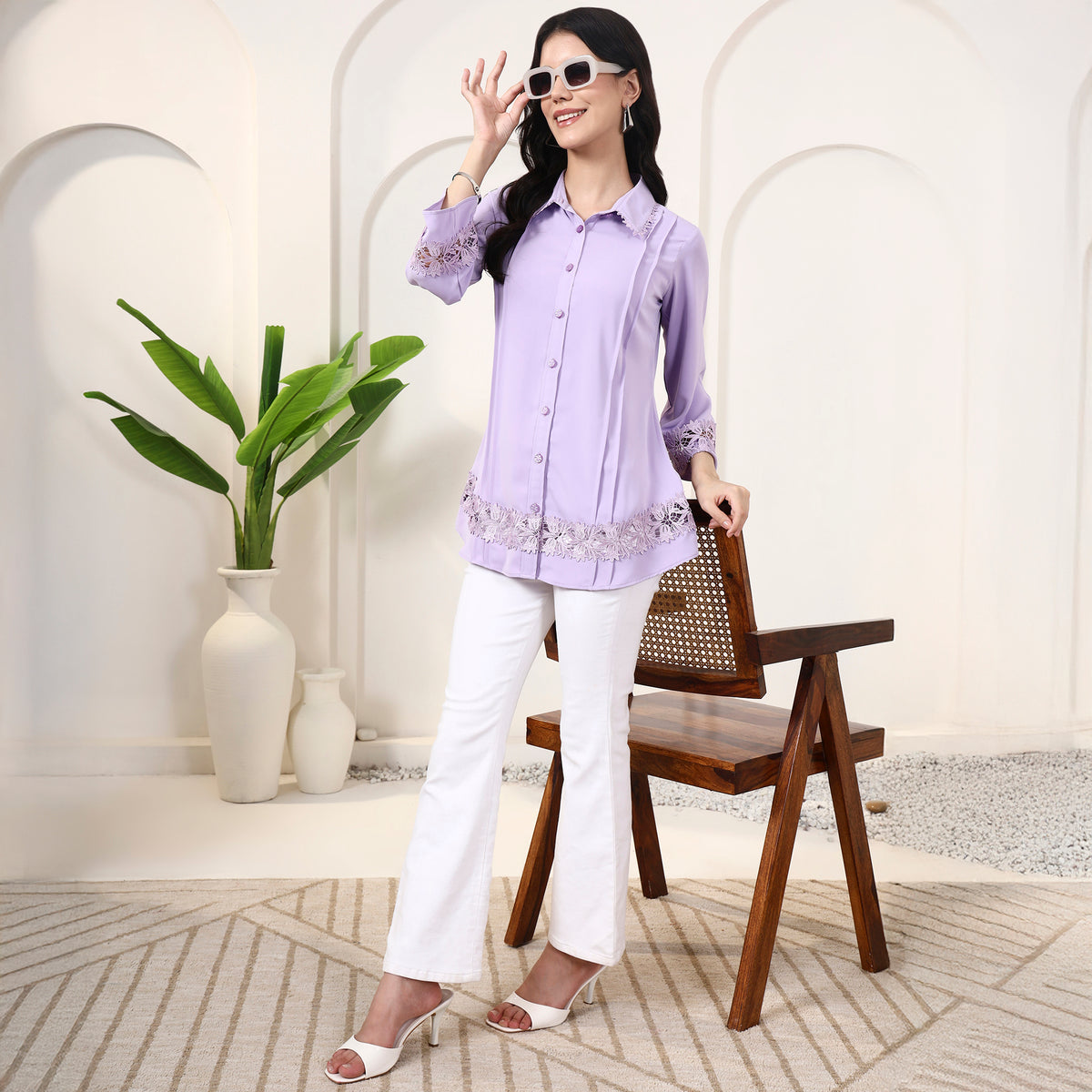 Lilac Shirt for Women – Polyester Crepe – Front View | First Resort by Ramola Bachchan