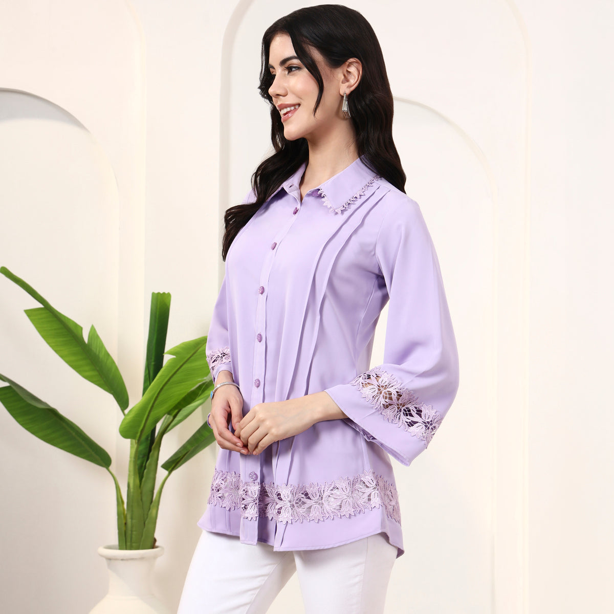 Lilac Shirt for Women – Polyester Crepe – Model View | First Resort by Ramola Bachchan