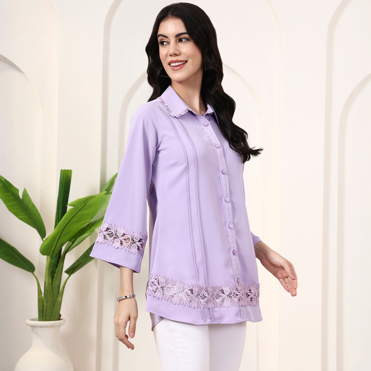 Lilac Shirt for Women – Polyester Crepe – Side View | First Resort by Ramola Bachchan