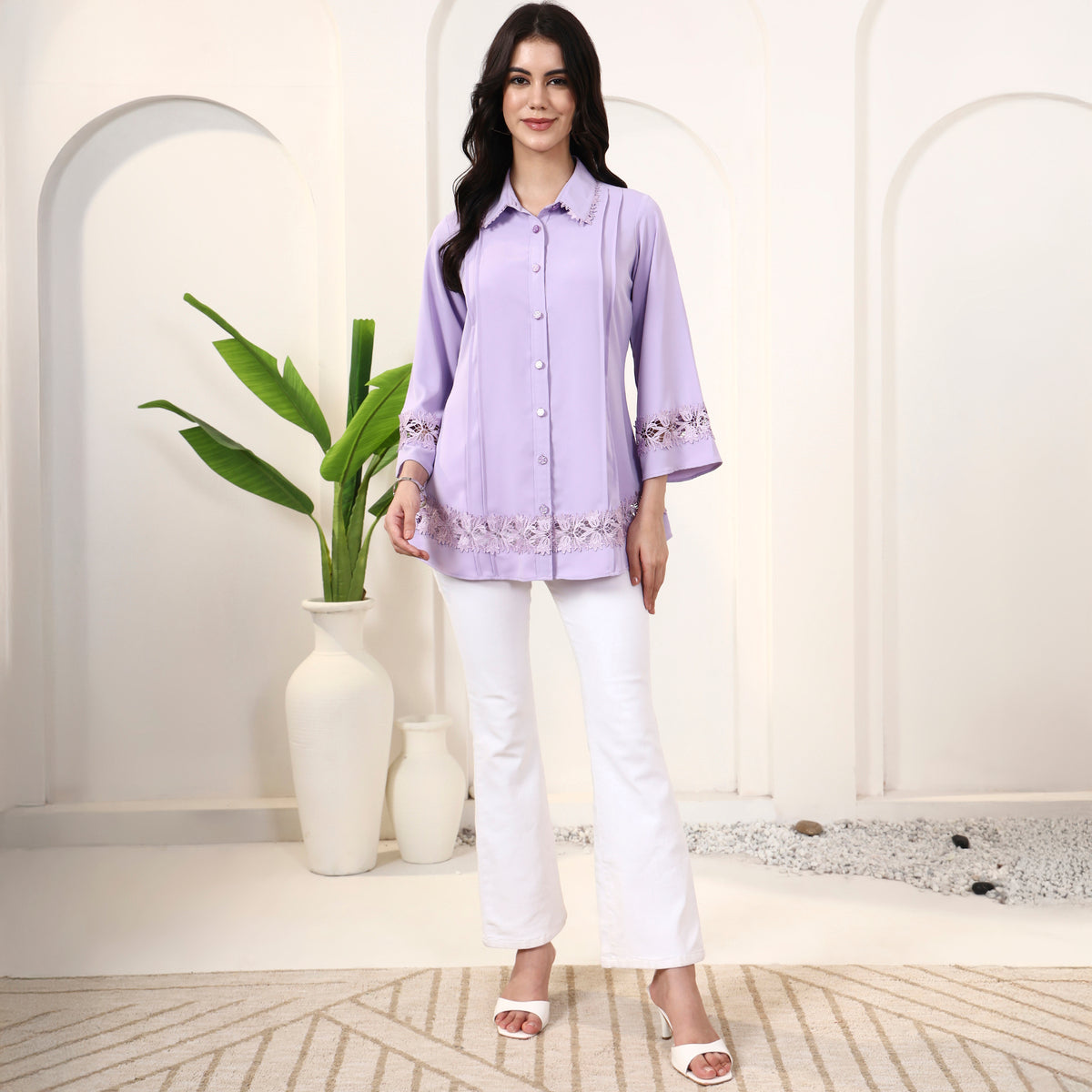 Lilac Shirt for Women – Polyester Crepe – Close Up | First Resort by Ramola Bachchan