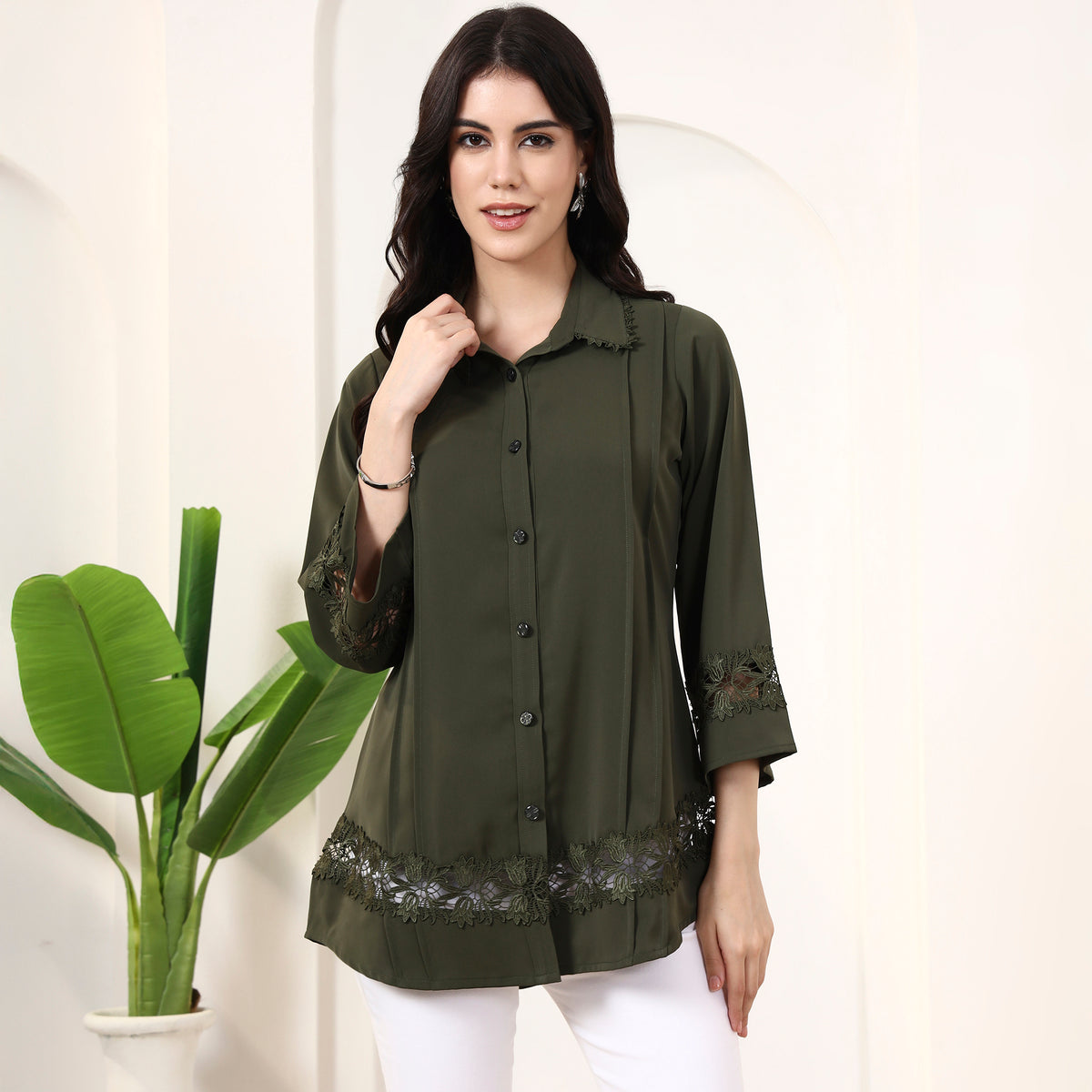 Olive Shirt for Women – Polyester Crepe | First Resort by Ramola Bachchan