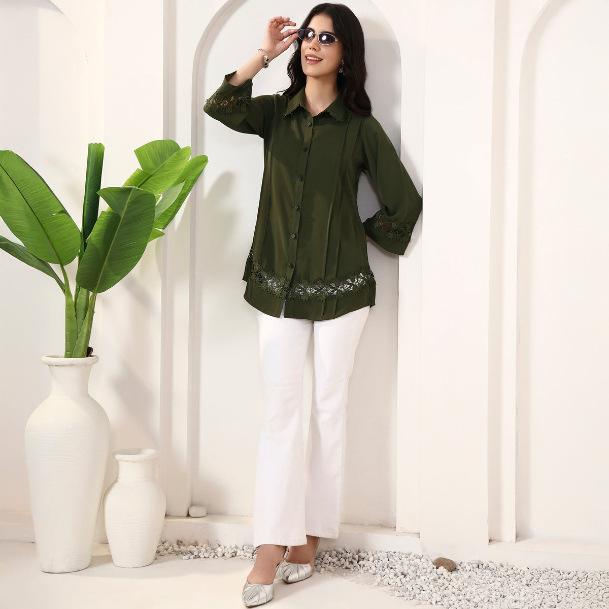Olive Shirt for Women – Polyester Crepe – Front View | First Resort by Ramola Bachchan