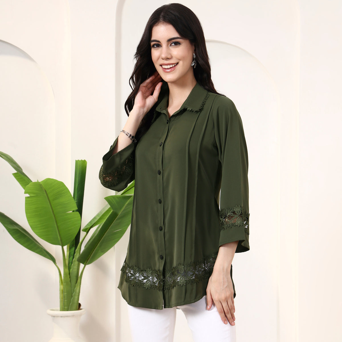 Olive Shirt for Women – Polyester Crepe – Model View | First Resort by Ramola Bachchan