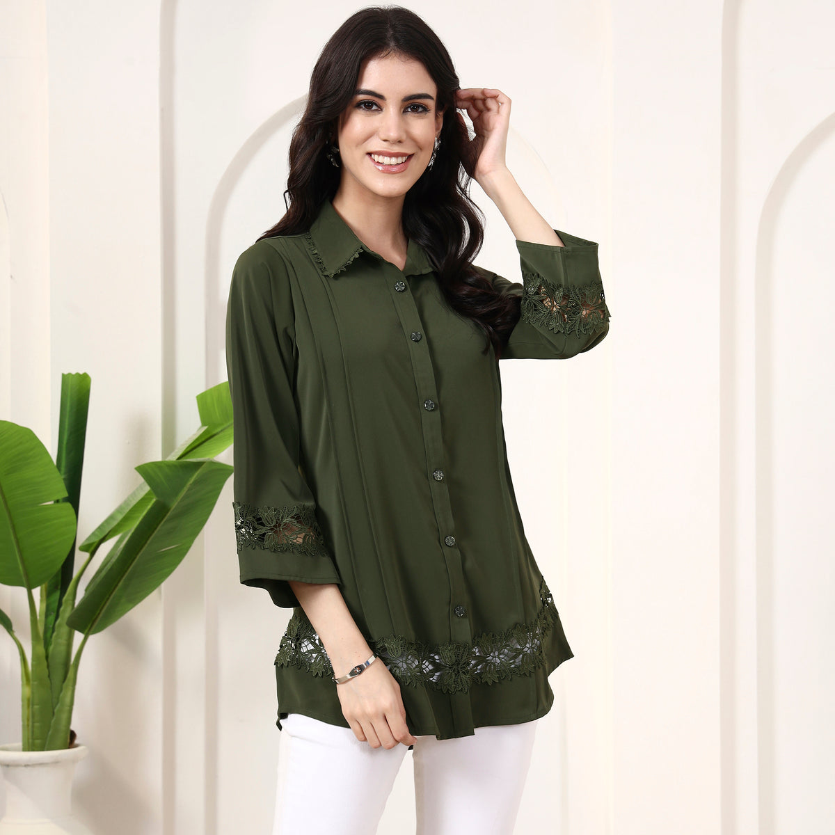Olive Shirt for Women – Polyester Crepe – Side View | First Resort by Ramola Bachchan