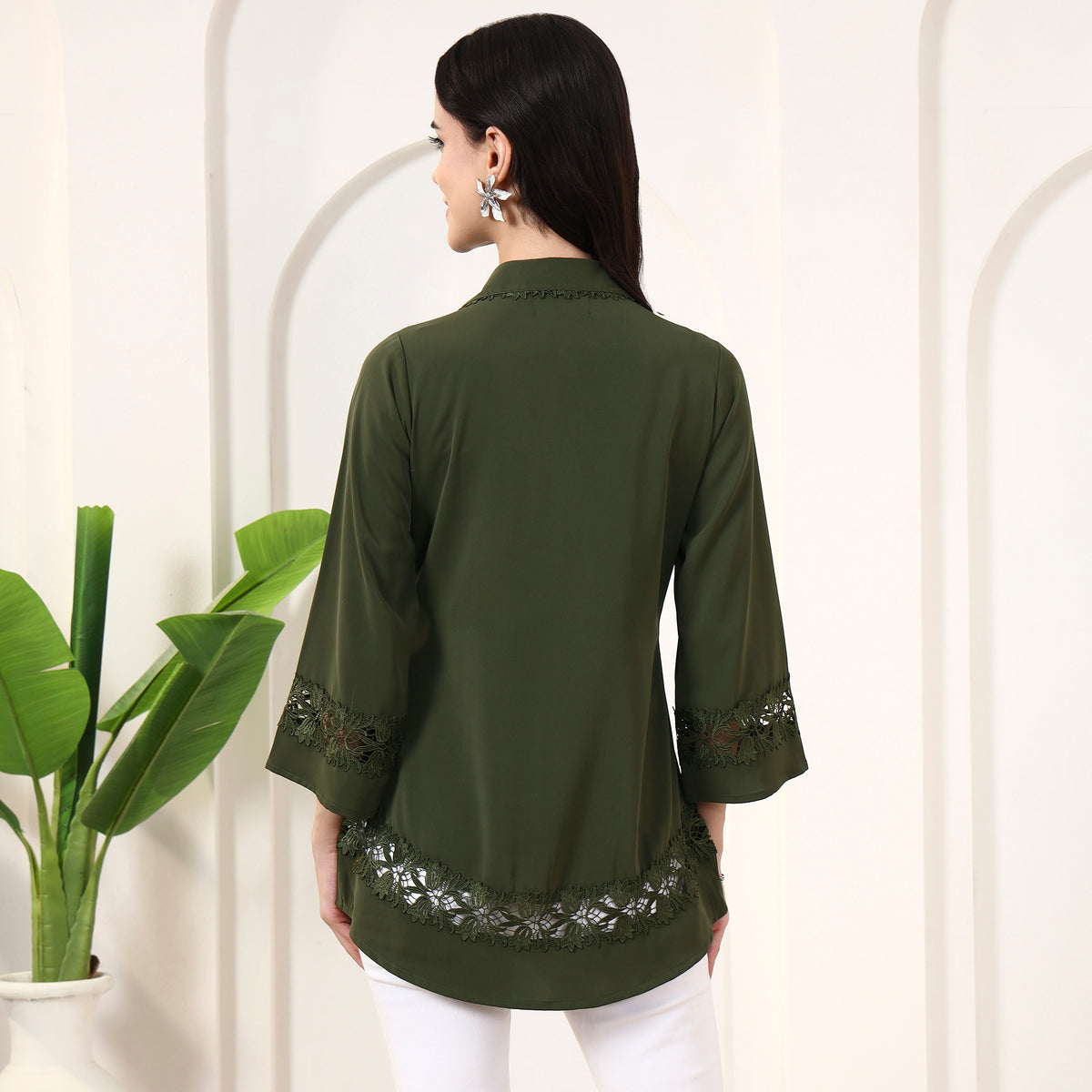 Olive Shirt for Women – Polyester Crepe – Detail View | First Resort by Ramola Bachchan