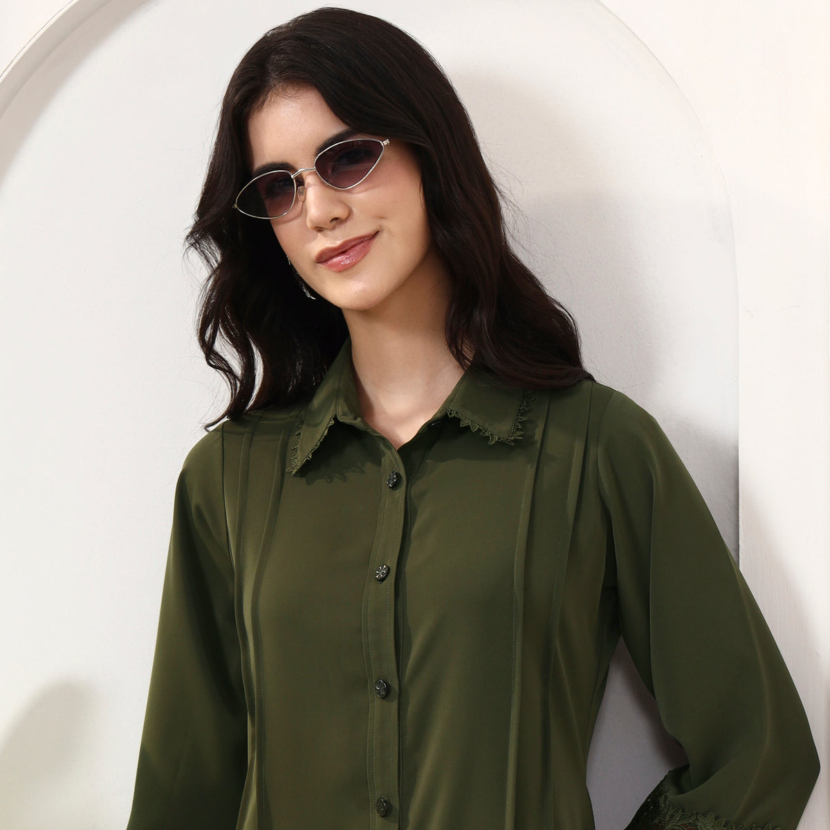 Olive Shirt for Women – Polyester Crepe – Back View | First Resort by Ramola Bachchan