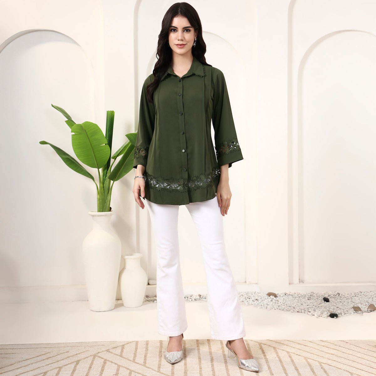 Olive Shirt for Women – Polyester Crepe – Close Up | First Resort by Ramola Bachchan