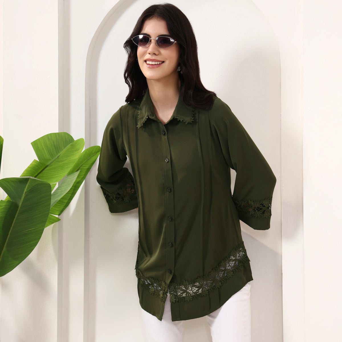 Olive Shirt for Women – Polyester Crepe | First Resort by Ramola Bachchan