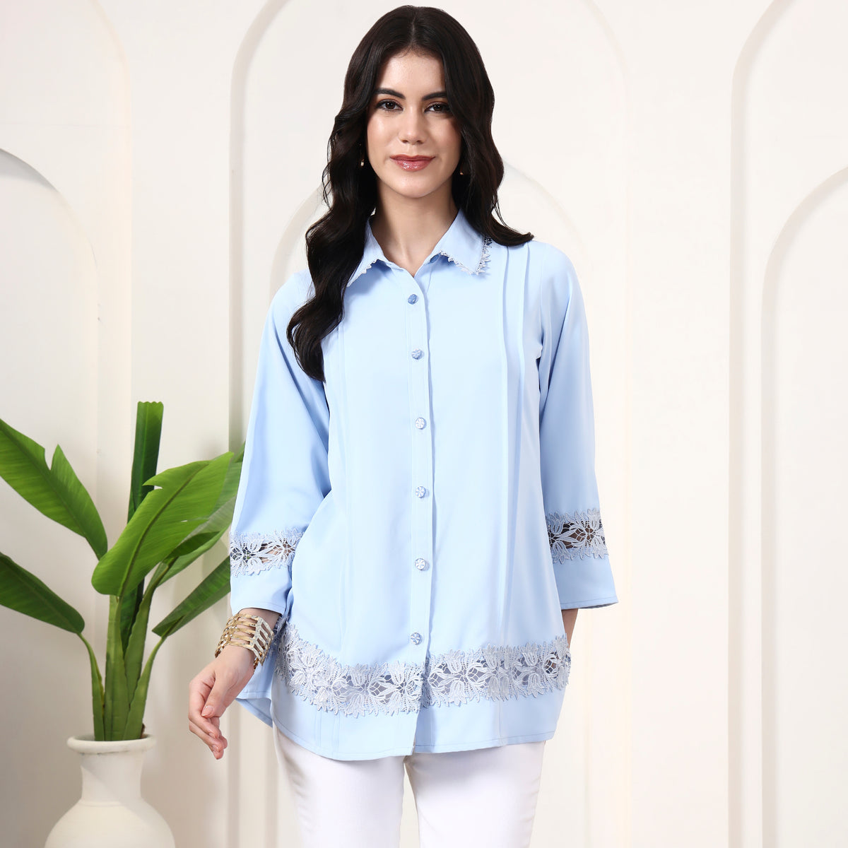 Powder Blue Shirt for Women – Polyester Crepe | First Resort by Ramola Bachchan