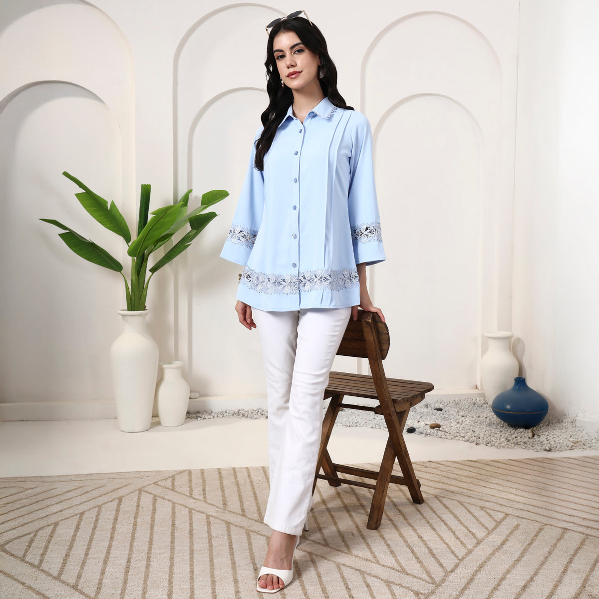 Powder Blue Shirt for Women – Polyester Crepe – Front View | First Resort by Ramola Bachchan