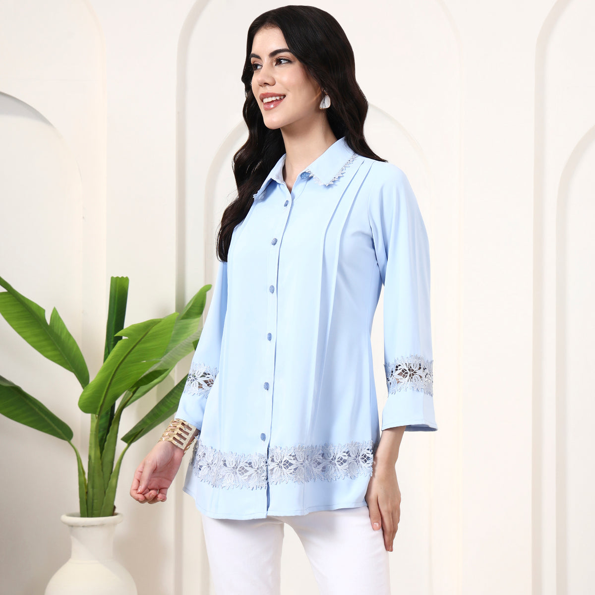 Powder Blue Shirt for Women – Polyester Crepe – Model View | First Resort by Ramola Bachchan