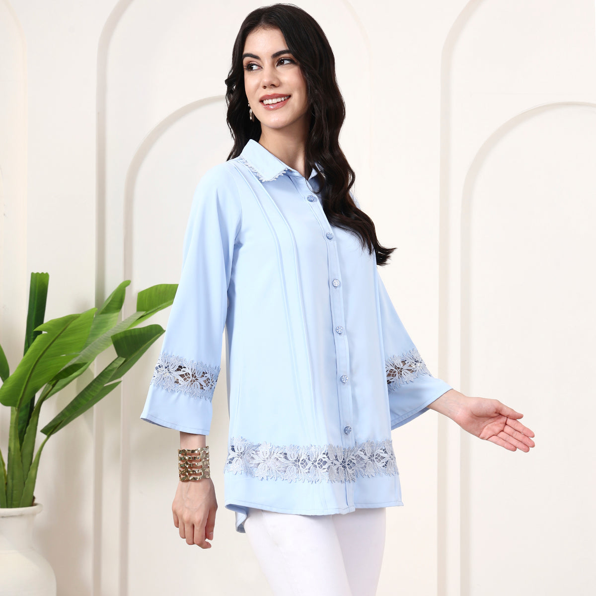 Powder Blue Shirt for Women – Polyester Crepe – Side View | First Resort by Ramola Bachchan