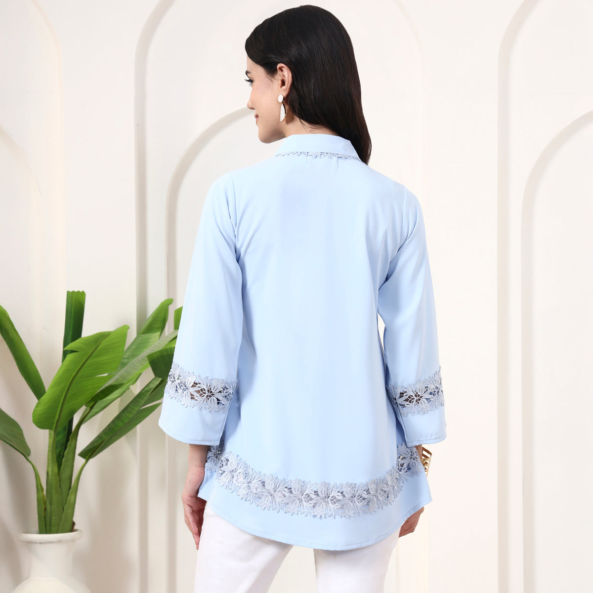 Powder Blue Shirt for Women – Polyester Crepe – Detail View | First Resort by Ramola Bachchan
