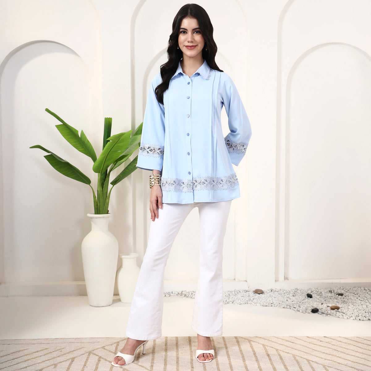Powder Blue Shirt for Women – Polyester Crepe – Close Up | First Resort by Ramola Bachchan