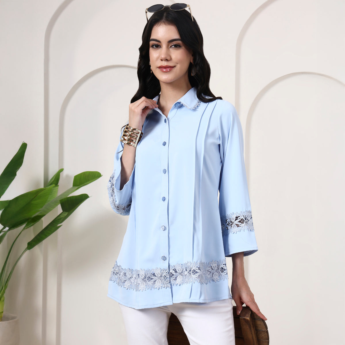Powder Blue Shirt for Women – Polyester Crepe | First Resort by Ramola Bachchan